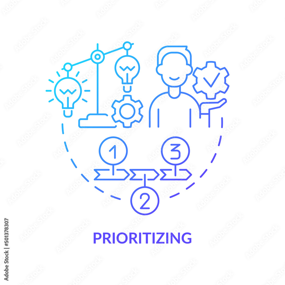 Prioritizing blue gradient concept icon. Innovation management step abstract idea thin line illustration. Categorizing idea potentials. Isolated outline drawing. Myriad Pro-Bold font used Prioritizing blue gradient concept icon. Innovation management step abstract idea thin line illustration. Categorizing idea potentials. Isolated outline drawing. Myriad Pro-Bold font used