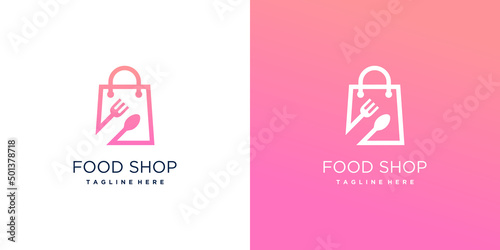 Food shop icon with bag logo design Premium Vector