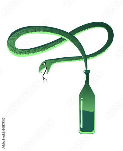 Green Snake from the bottle with alcohol as symbol of alcoholism. Much alcohol harms health. Decorative corner.