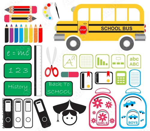 Special back to school icons set flat symbol and sign design vector including bus water color pencil ruler scissor file box boy and girl bag eraser certificate chart calculator black board