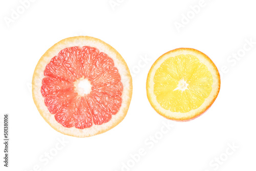 Summer coral grapefruit and orange slice. Isolated white background. Citrus food diet. Fruit round juicy concept. Modert sweet cut photography. Bright color