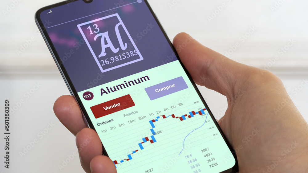 fondo de inversión negociado en bolsa mundial, Datos del mercado de valores en el teléfono. Análisis de negocios de una tendencia ETF metal aluminium. Texto en español	
