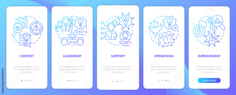 Manage innovation essentials blue gradient onboarding mobile app screen. Walkthrough 5 steps graphic instructions pages with linear concepts. UI, UX, GUI template. Myriad Pro-Bold, Regular fonts used