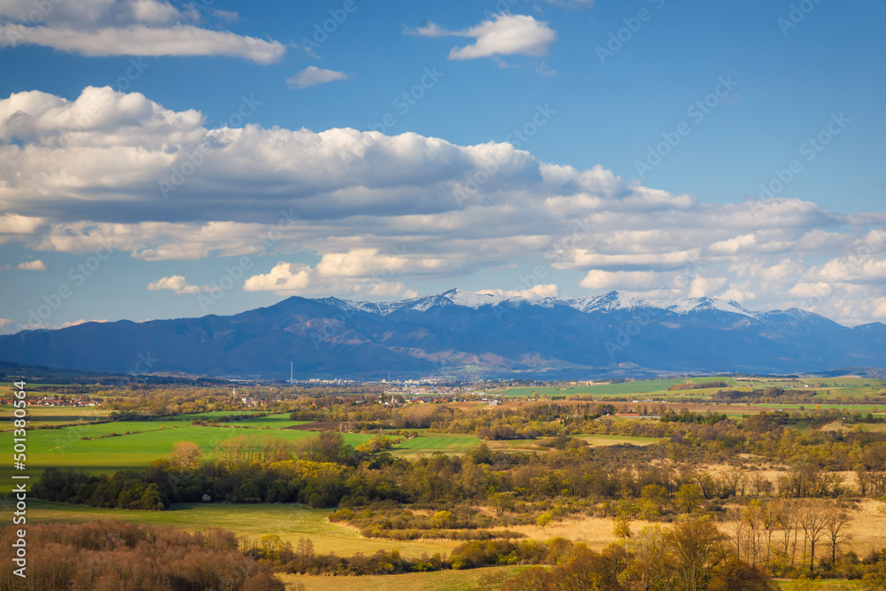Sunny spring rural landscape, the valley with mountains in the background. Turiec Valley in Slovakia, Europe.