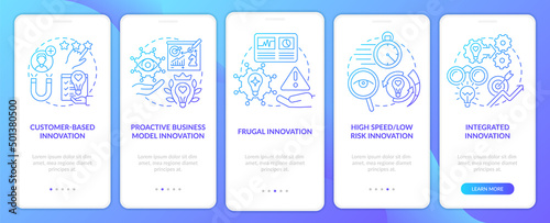 Future innovation ideas blue gradient onboarding mobile app screen. Walkthrough 5 steps graphic instructions pages with linear concepts. UI, UX, GUI template. Myriad Pro-Bold, Regular fonts used