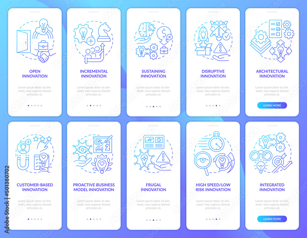 Naklejka premium Manage new ideas process blue gradient onboarding mobile app screen set. Walkthrough 5 steps graphic instructions pages with linear concepts. UI, UX, GUI template. Myriad Pro-Bold, Regular fonts used