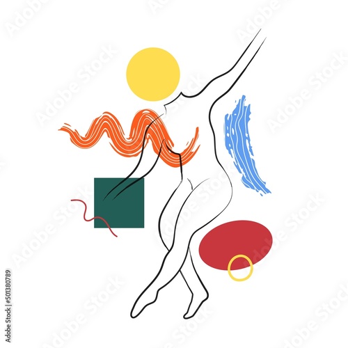 Abstract vector print design with dancing woman body, lines, circles and doodle elements. Colored poster, fashion illustration with geometric pattern
