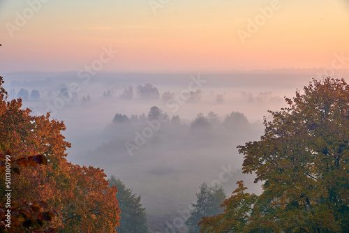 morning fog over the valley at the sunsrise in Ukraine