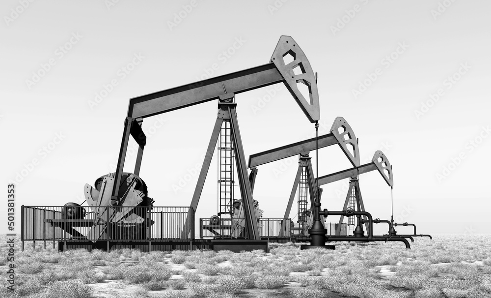 Ölpumpen in einer Landschaft in Schwarz und Weiß Ölpumpen in einer Landschaft in Schwarz und Weiß