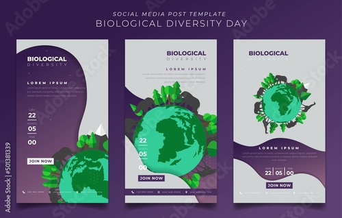 Social media post template with wildlife design in purple white background for biodiversity