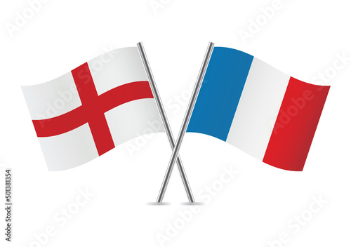 England and France crossed flags. English and French flags, isolated on white background. Vector icon set. Vector illustration. 
