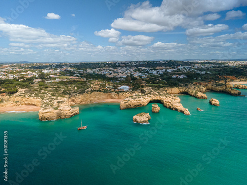Aerial seascape of Algarve coast  a popular beach destination . Portugal.