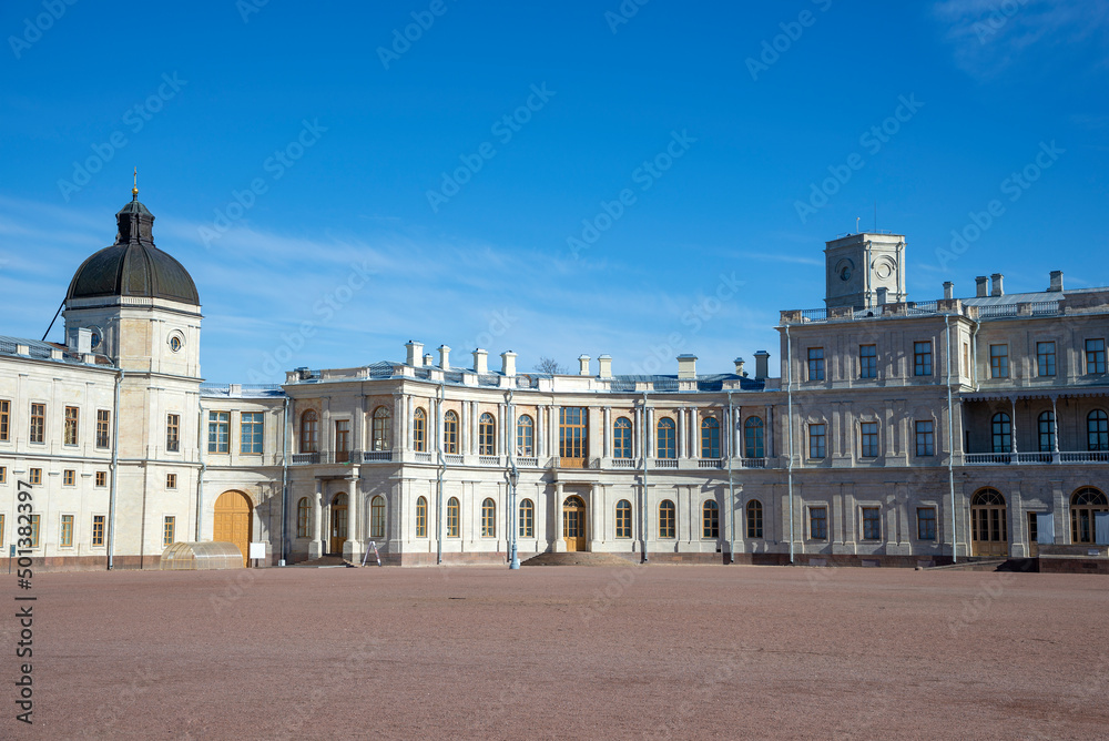 Fragment of the Great Gatchina Palace on a sunny April day. Gatchina, Russia