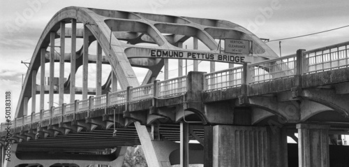 Closeup of Edmund Pettus Bridge in Selma, Alabama in grayscale photo