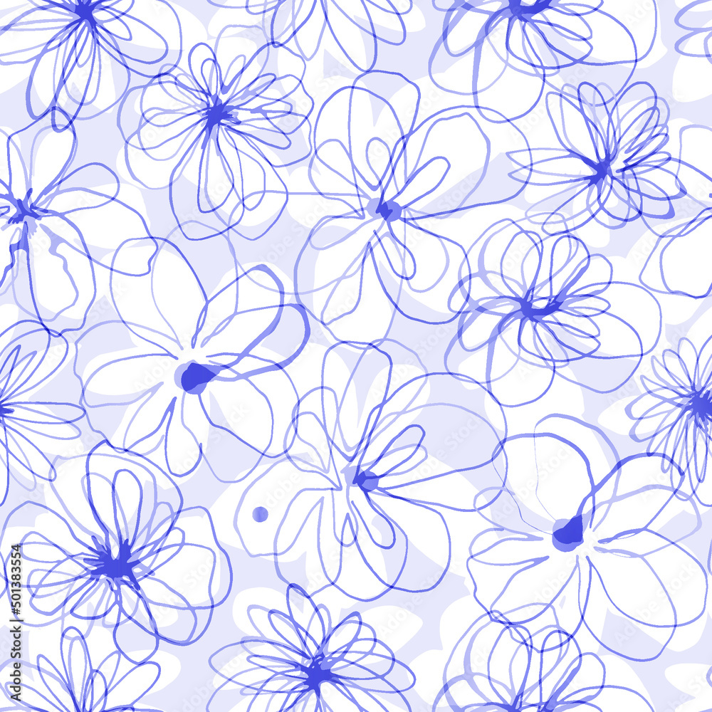Abstract seamless vector pattern with stylized hand drawn flowers. Scribble. Design for fabric, wallpaper. Vector illustration.