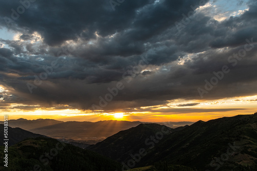 Aerial view of beautiful mountains during sunset in Butterfield Canyon, Utah, USA photo