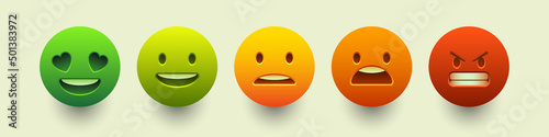Rating scale or pain scale in the form of emoticons. From red to green smiley. Vector 3d clipart isolated on white background.