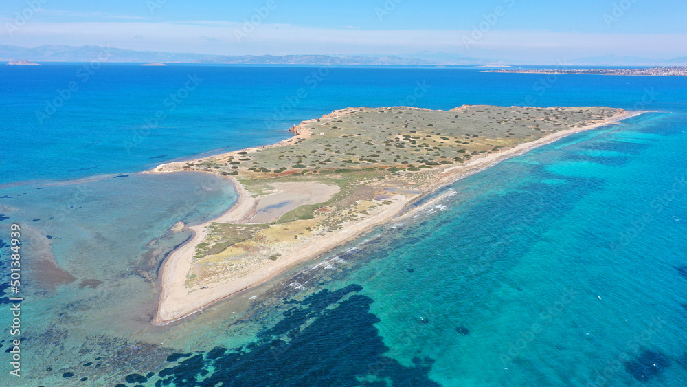 Aerial drone photo of small uninhibited island of Metopi near Aigina island, Saronic gulf, Greece