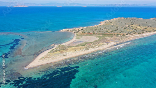 Aerial drone photo of small uninhibited island of Metopi near Aigina island, Saronic gulf, Greece