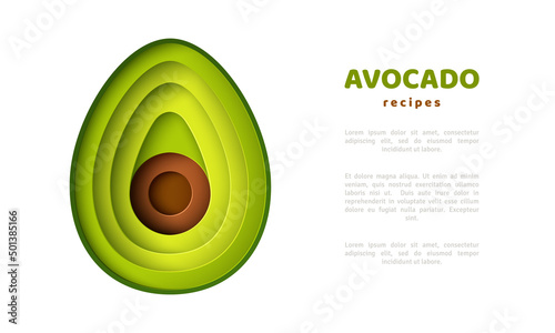 Paper cut avocado fruit icon, papercut art. Modern origami vegan logo, vegetable oil design template. Healthy keto food recipes creative concept. Vector illustration.