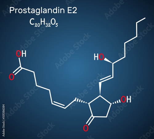 Prostaglandin E2, PGE2, dinoprostone molecule. It is used to induce labor or abortion. Structural chemical formula on the dark blue background.