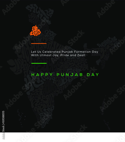 Happy Punjab Day. Punjab map typography in Gurmukhi. photo
