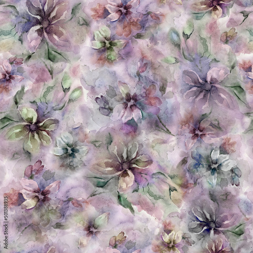 Seamless pattern with small colorful flowers. Watercolor painting. Hand painted.