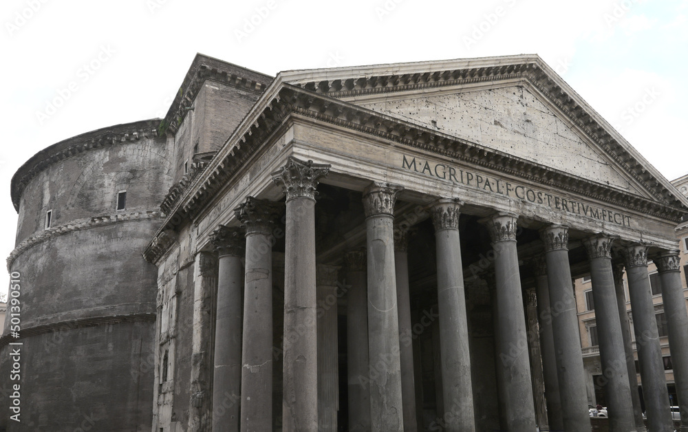 Pantheon with latin roman text  that means Marco Agrippa son of Lucio consul for the third time built in Rome