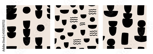 Set of seamless patterns with abstract geometric shapes. Zen, balance concept. Bohemian modern vector backgrounds. Stack of black ceramic bowls