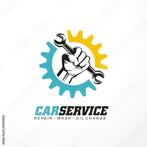 Car service logo design idea with hand holding the wrench tool. Auto repair symbol or icon template. Transportation vector emblem, sign, logo, stamp or label graphic. 