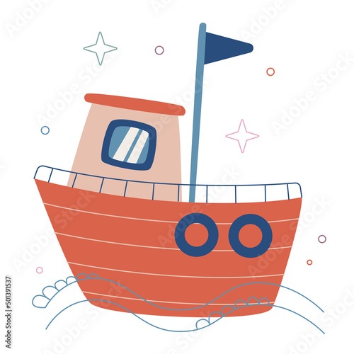 Vector marine flat colorful illustration isolated on white. Cute cartoon boat floats on the sea. Cute ship print.