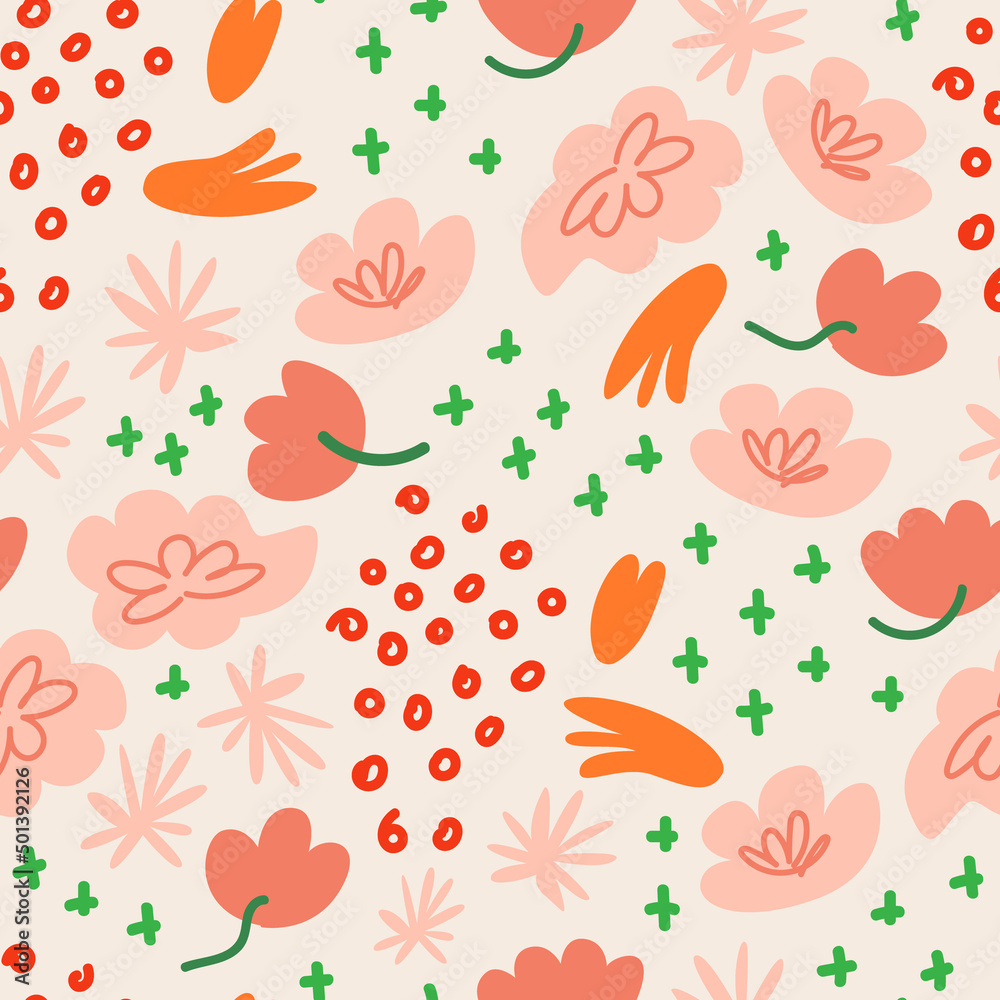 Cute seamless pattern with small various abstract flowers, dots and textures. Vector background with abstract florals. Different colorful plants