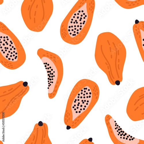 Seamless pattern with papaya fruit. Cute vector summer background