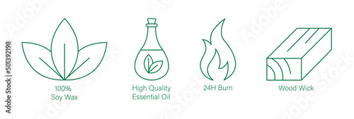 100 soy wax, high quality essential oil, 24hour burn, wood wick, candles icon set vector