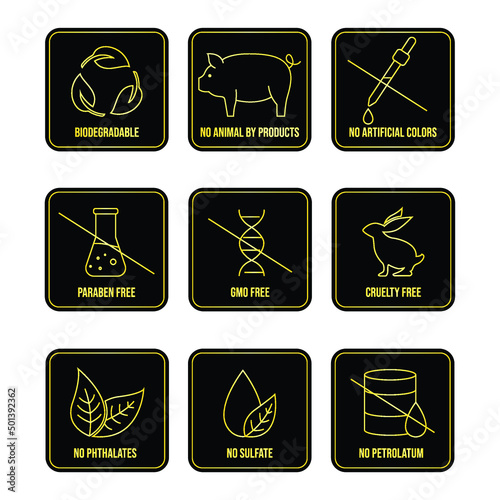 Collection of product information related vector icon designs in black and yellow color