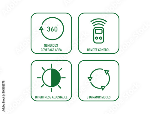 generous coverage area, remote control, adjustable brightness, 8 dynamic modes icons vector
