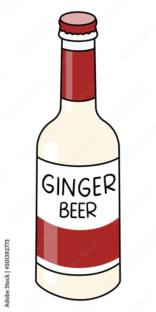 Doodle cartoon style bottle of ginger beer. Refreshing soft drink, cocktail ingredient. For card, stickers, posters, bar menu or cook book recipe.