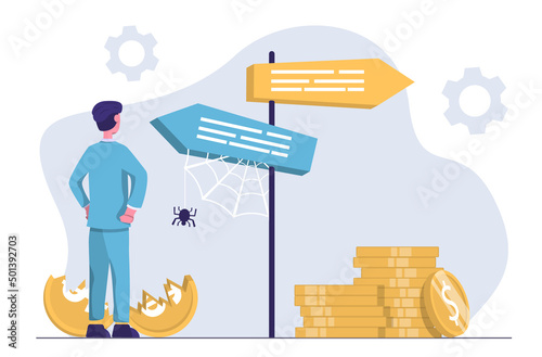 Searching for opportunities Businessman standing at the pointer, to the right - wealth and success, to the left - bankruptcy and crisis