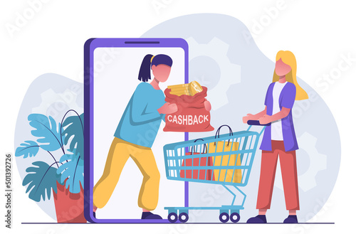 A woman gets a cashback from a store or bank for shopping 