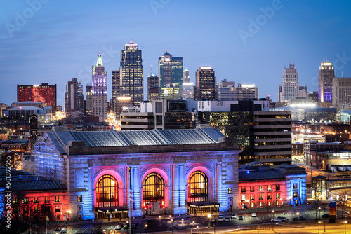 Beautiful shot of Union Station and sky scrappers against dusk sky in Kansas City, Missouri, USA