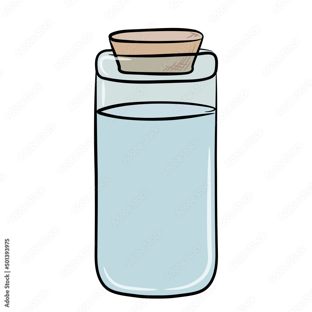 A colorful drawing of a glass vial with a liquid inside outlined in black. The jar is closed with a cork stopper. Vector. A colorful drawing of a glass vial with a liquid inside outlined in black. The jar is closed with a cork stopper. Vector.