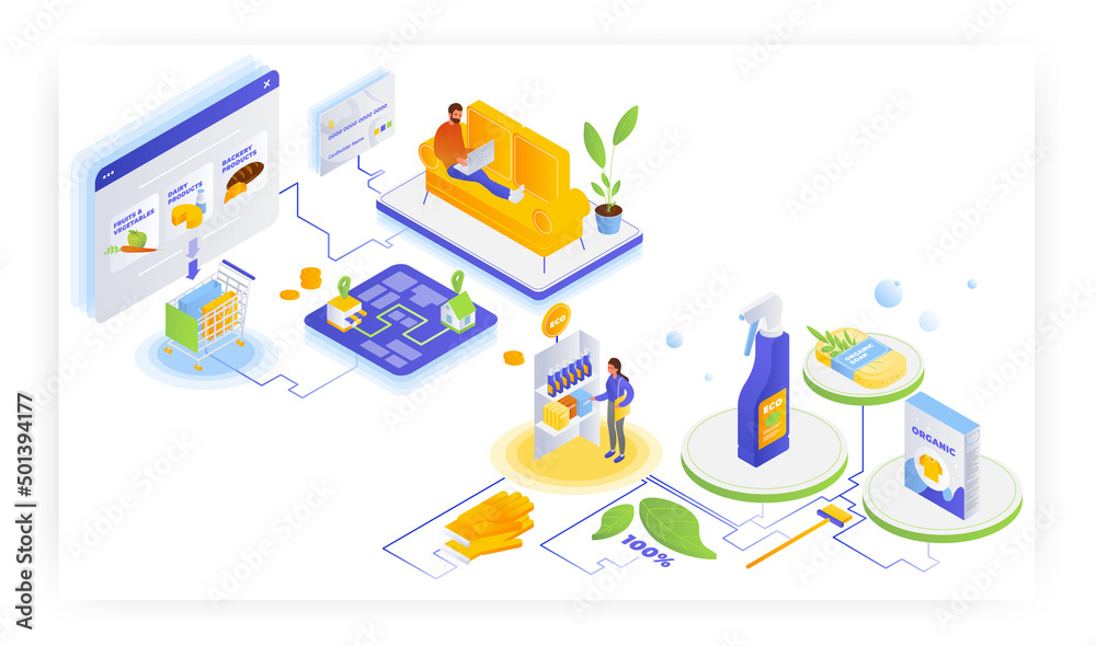 People shopping for groceries and natural household cleaning products online, flat vector isometric illustration.