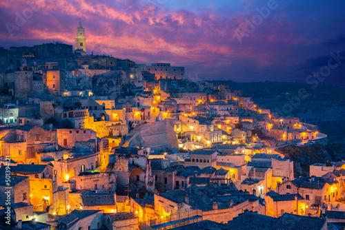 The old town of Matera, Basilicata, Southern Italy during a beautiful sunset.(Sassi di Matera)blue hour and city lights