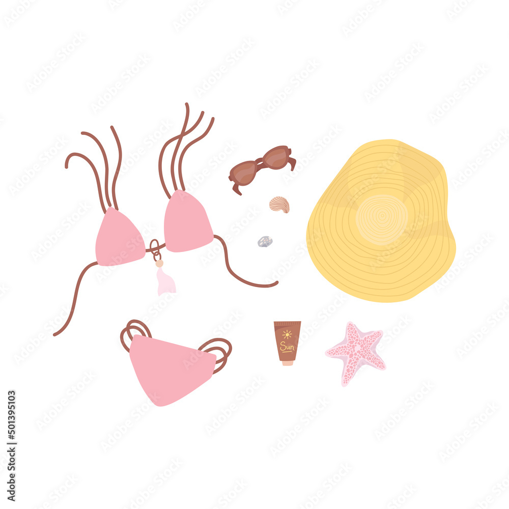 Set of beach summer objects - bikini, hat, glasses, sunscreen, starfish. Vector drawings isolated on background.