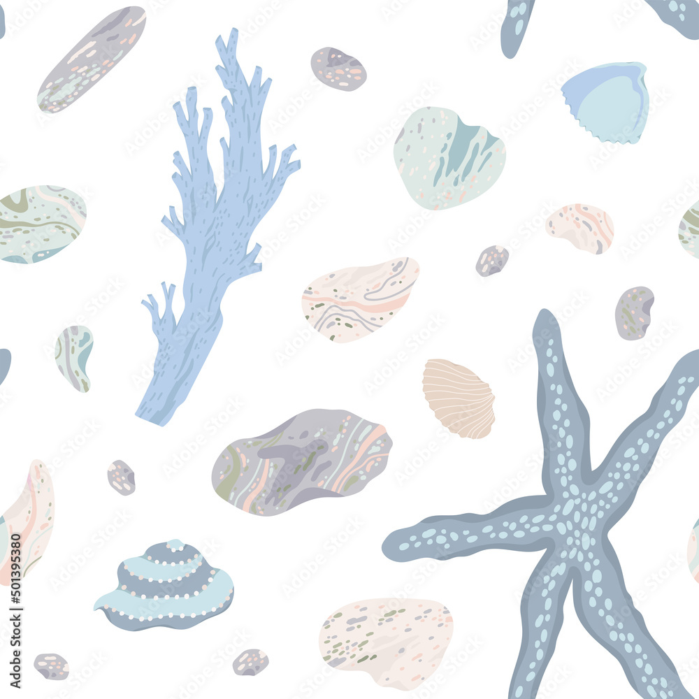 Blue seamless pattern with seashells, starfish, corals and pebble on white background. Pastel vector hand drawn illustrations. Blue seamless pattern with seashells, starfish, corals and pebble on white background. Pastel vector hand drawn illustrations.