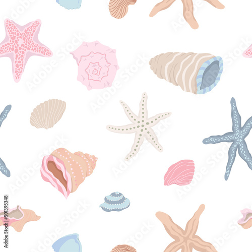 Seamless pattern with seashells, starfish on white background. Pastel vector hand drawn illustrations.