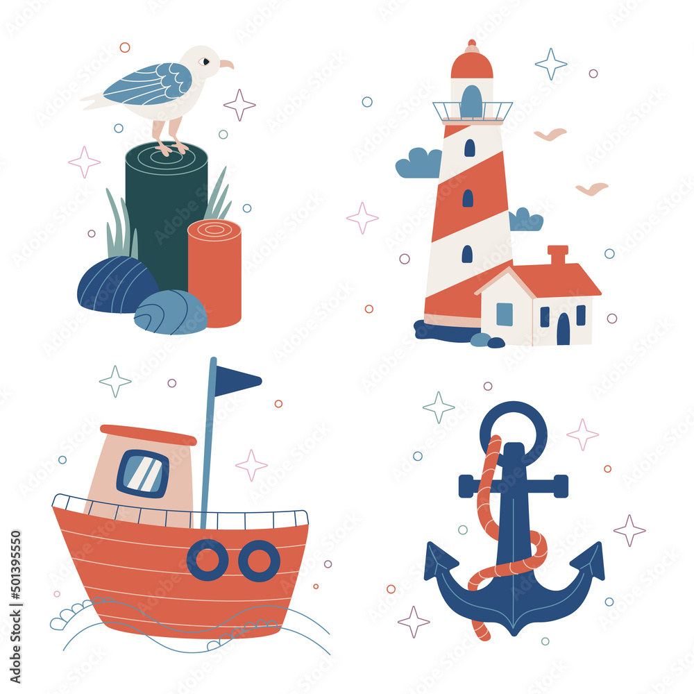 Vector flat colorful illustration isolated on white. Cute cartoon marine nautical travel icons set.