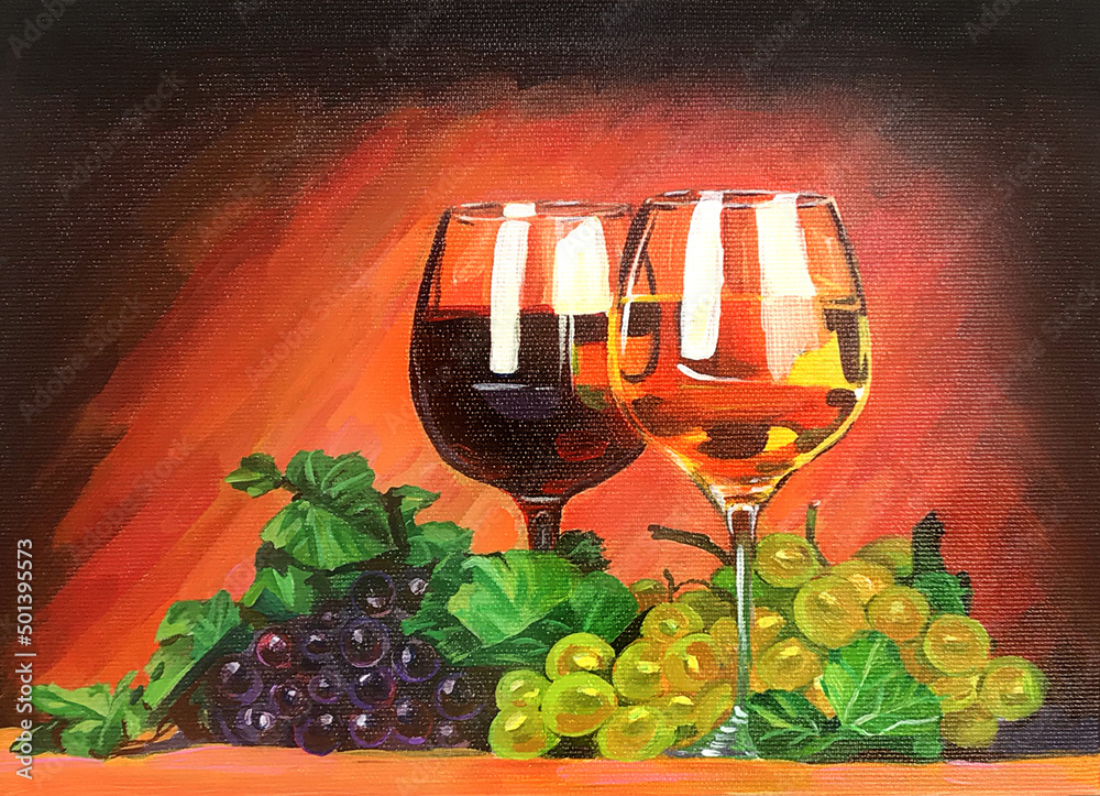Oil painting depicting a still life of red and white wine glasses and ...