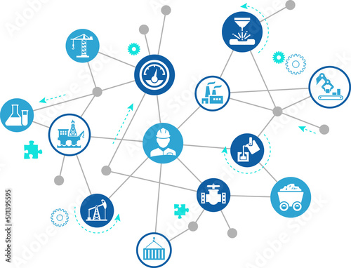 Heavy industry vector illustration. Blue concept with icons related to industrial engineering; steel, oil & construction industry, manufacturing / production facility, refinery & processing factory.