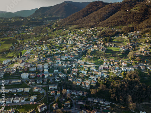Aerial view of Vacallo in Switzerland among beautiful hills
